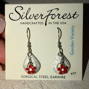 NWT Silver Red flower Dangle Earrings